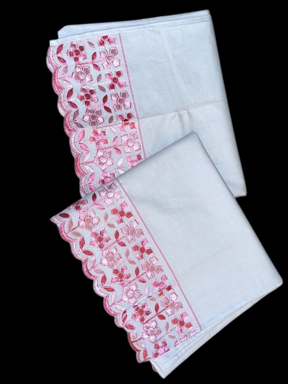 2 New Bed Pillow Cases White Cotton Pink Floral Embroidery